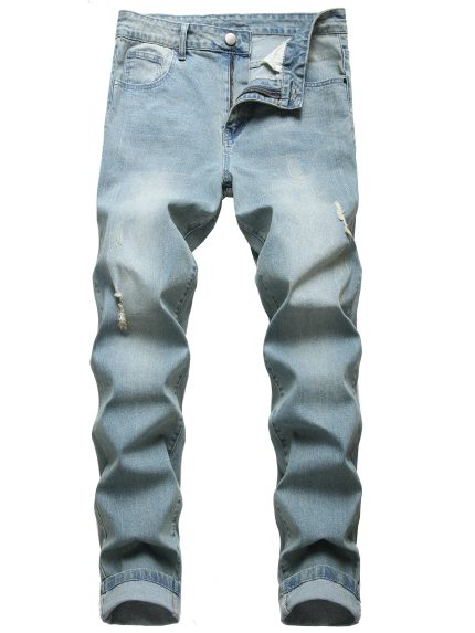 Slim Fit Mens Ripped Jeans, Stretch Denim Distressed Straight Leg Fashion Pants for Men (LY019)